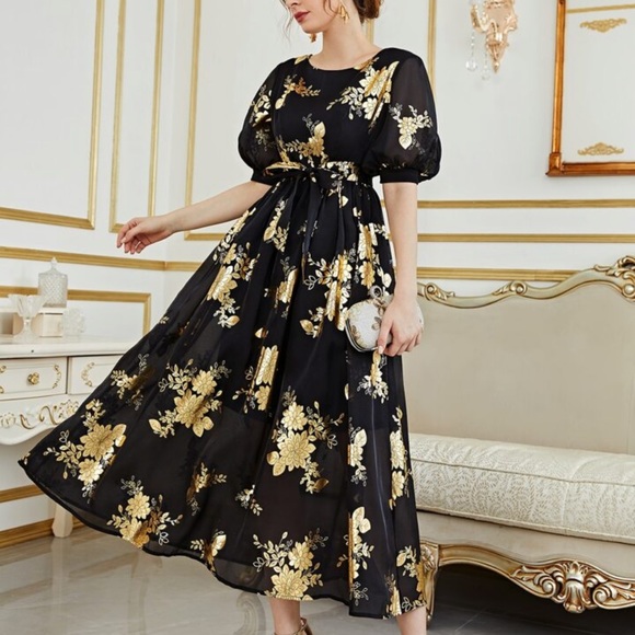 SHEIN Modely Gold Floral Print Lantern Sleeve Belted Dress Size S - Picture 4 of 12